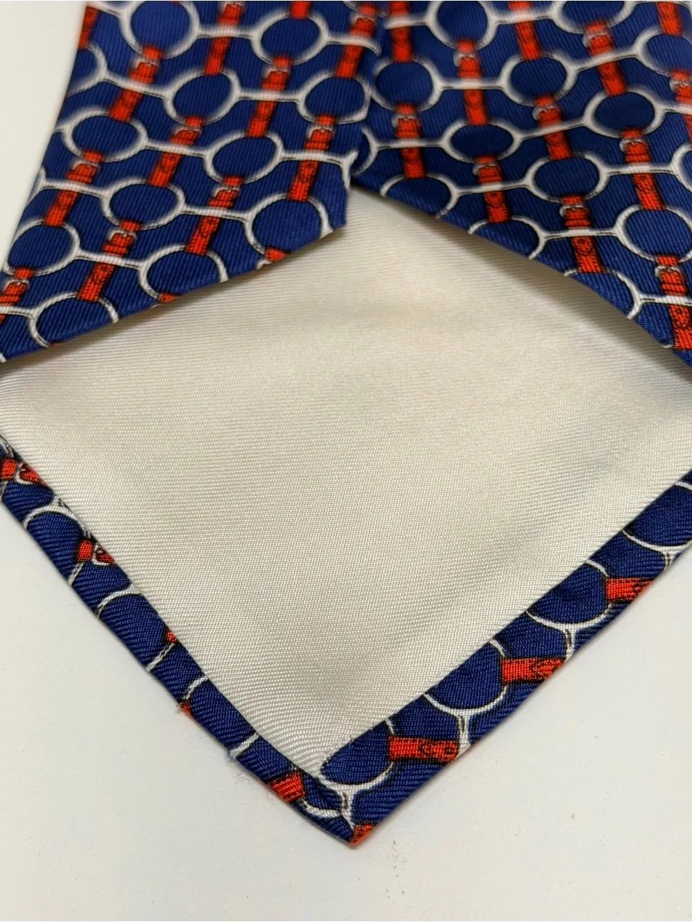 Hermes Men's Tie Honeycomb Bridle Clover Chain Navy/Red Designer 627 TA